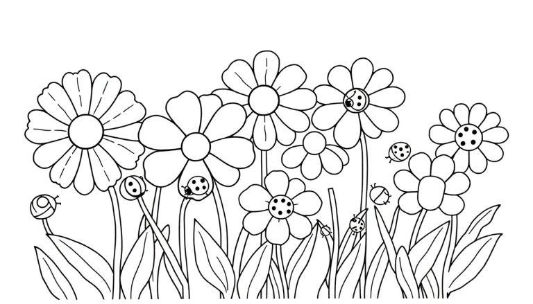 Eine niedliche schwarz-weiße Farbtafel mit vielen Blumen und kleinen Marienkäfern zum Ausmalen.