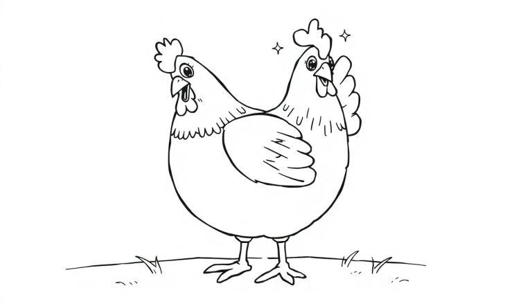 Schwarz-Weiß-Farbtafel: Zwei Cartoon-Hühner auf einer Wiese, eines mit glitzerndem Kamm.