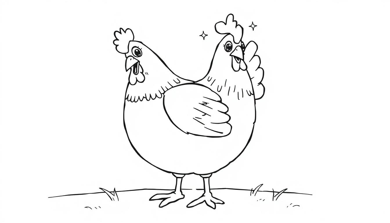 Schwarz-Weiß-Farbtafel: Zwei Cartoon-Hühner auf einer Wiese, eines mit glitzerndem Kamm.