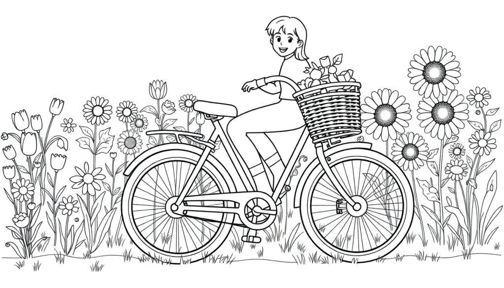 Schwarz-Weiß-Farbtafel einer lächelnden Frau mit kurzem Haar auf einem Fahrrad mit Blumen im Korb, die durch ein Blumenfeld fährt.