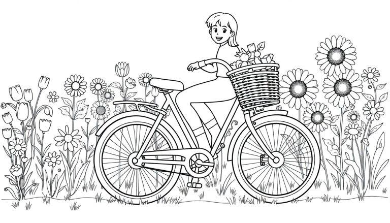 Schwarz-Weiß-Farbtafel einer lächelnden Frau mit kurzem Haar auf einem Fahrrad mit Blumen im Korb, die durch ein Blumenfeld fährt.