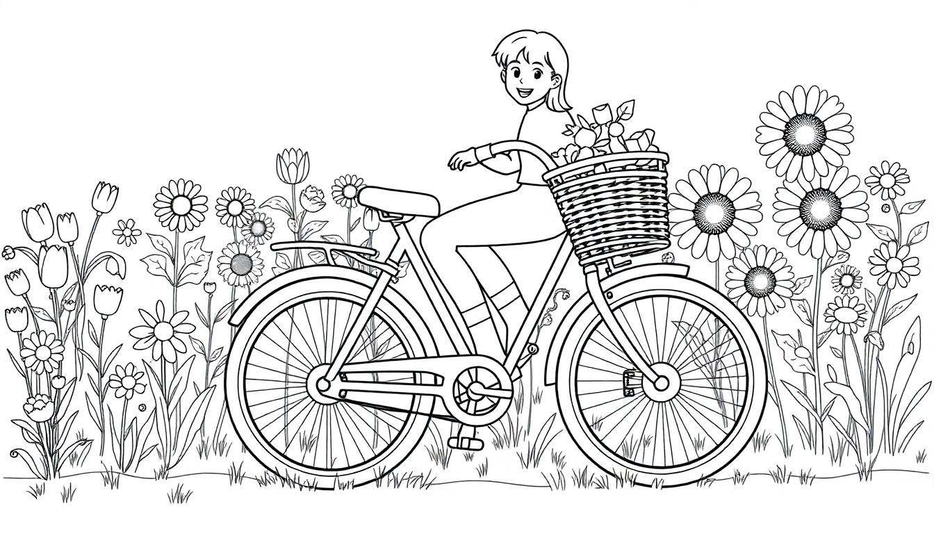 Schwarz-Weiß-Farbtafel einer lächelnden Frau mit kurzem Haar auf einem Fahrrad mit Blumen im Korb, die durch ein Blumenfeld fährt.
