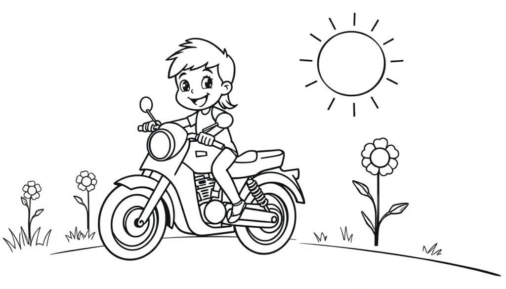 Ein fröhliches Mädchen auf einem Motorroller durch eine bunte Farbtafel-Landschaft.