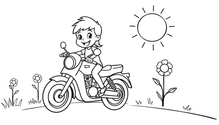 Ein fröhliches Mädchen auf einem Motorroller durch eine bunte Farbtafel-Landschaft.