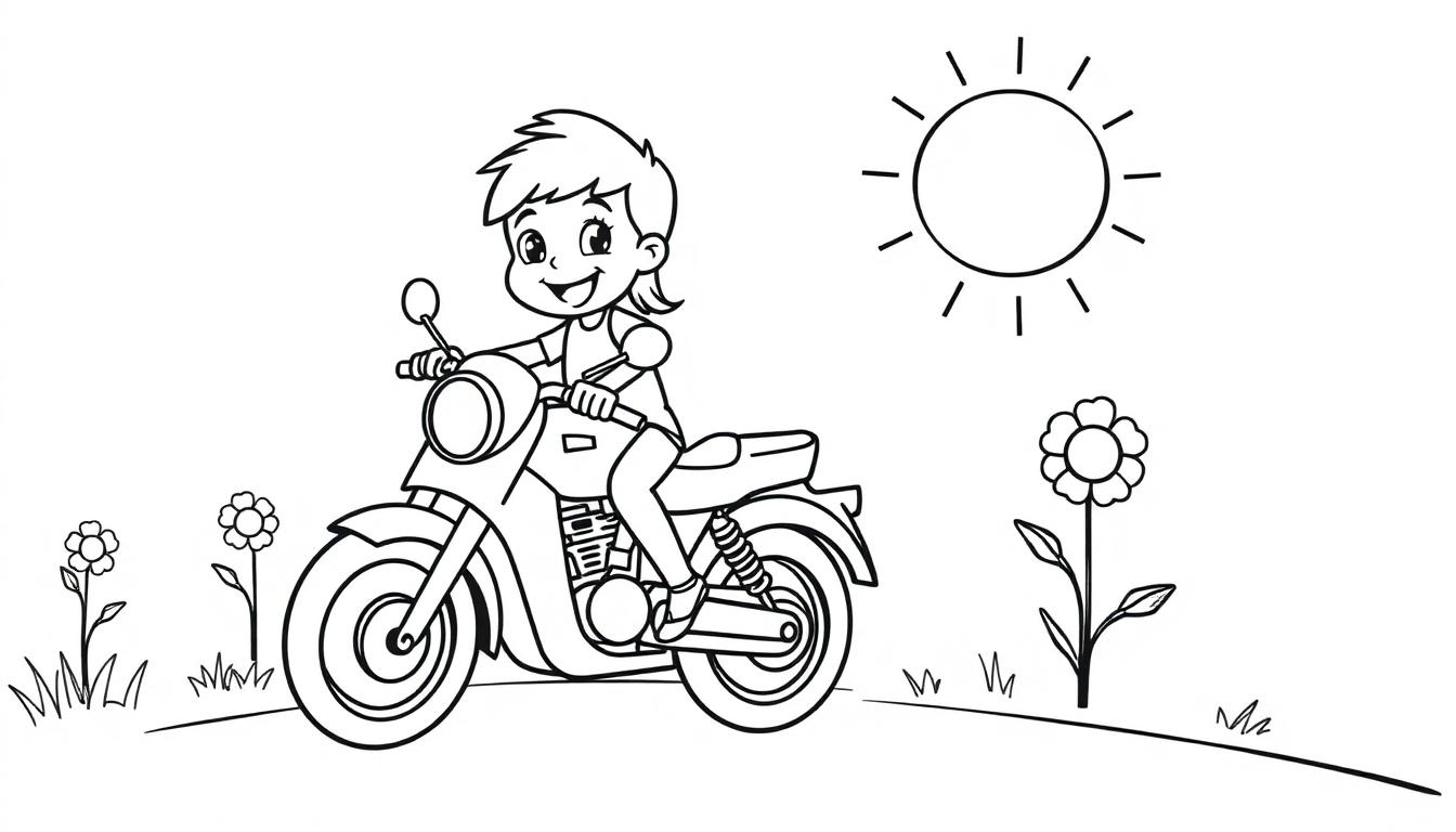 Ein fröhliches Mädchen auf einem Motorroller durch eine bunte Farbtafel-Landschaft.