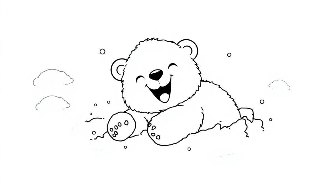 Schwarz-weiße Farbtafel-Zeichnung eines fröhlichen Cartoon-Bären im Schnee.