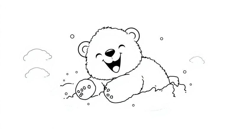 Schwarz-weiße Farbtafel-Zeichnung eines fröhlichen Cartoon-Bären im Schnee.