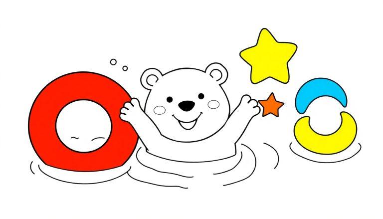 Eine Farbtafel: Ein Cartoon-Bär mit freundlichem Gesicht planscht fröhlich im Wasser, umgeben von bunten geometrischen Formen wie einem Rettungsring und Sternen.