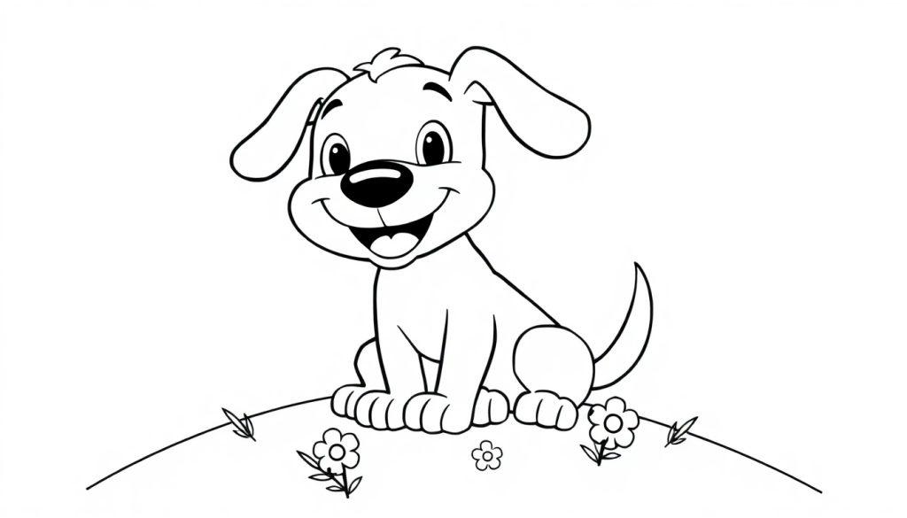 Eine Schwarzweiß-Farbtafel eines fröhlichen Cartoon-Hundes auf einem Hügel mit Blumen.