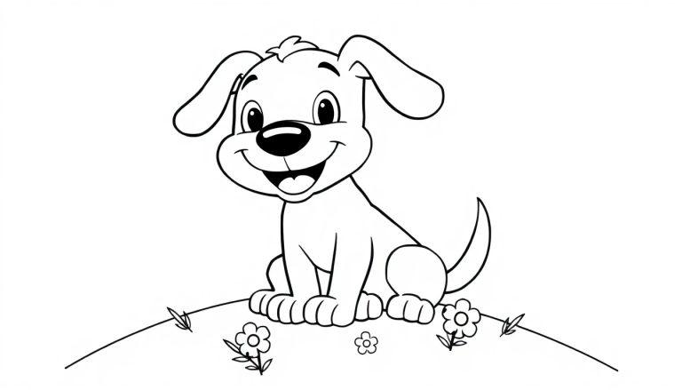 Eine Schwarzweiß-Farbtafel eines fröhlichen Cartoon-Hundes auf einem Hügel mit Blumen.