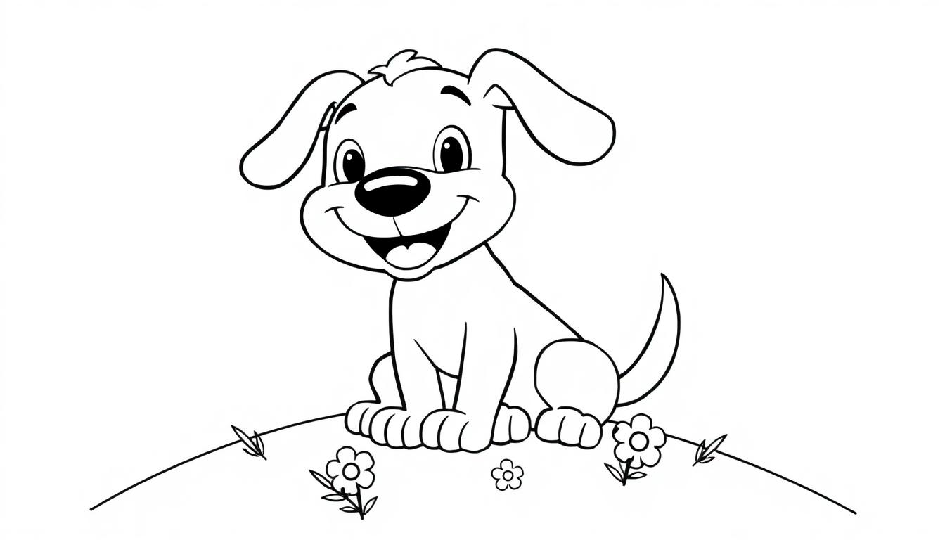 Eine Schwarzweiß-Farbtafel eines fröhlichen Cartoon-Hundes auf einem Hügel mit Blumen.