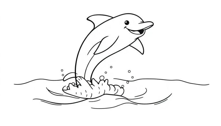 Eine Schwarz-Weiß-Farbtafel eines fröhlichen Delfins, der aus dem Wasser springt.