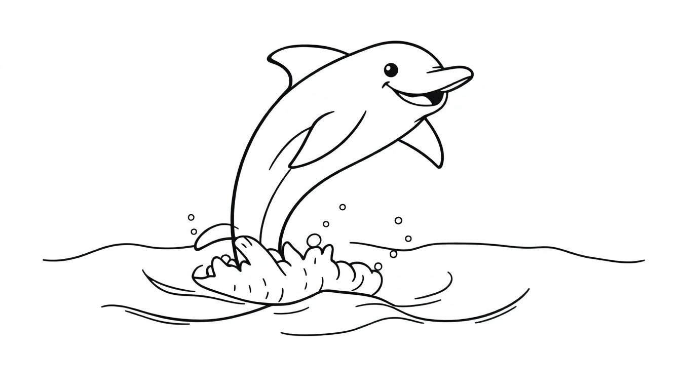 Eine Schwarz-Weiß-Farbtafel eines fröhlichen Delfins, der aus dem Wasser springt.