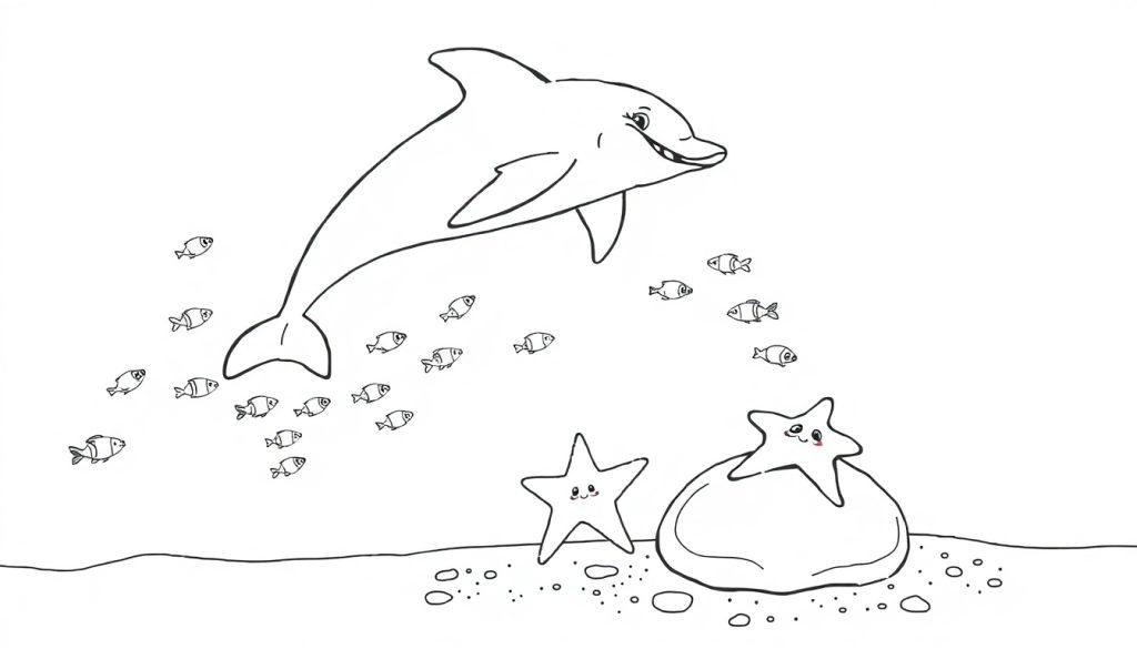 Schwarz-Weiß-Farbtafel eines Delfins, der aus dem Wasser springt, mit Fischen und Seesternen.