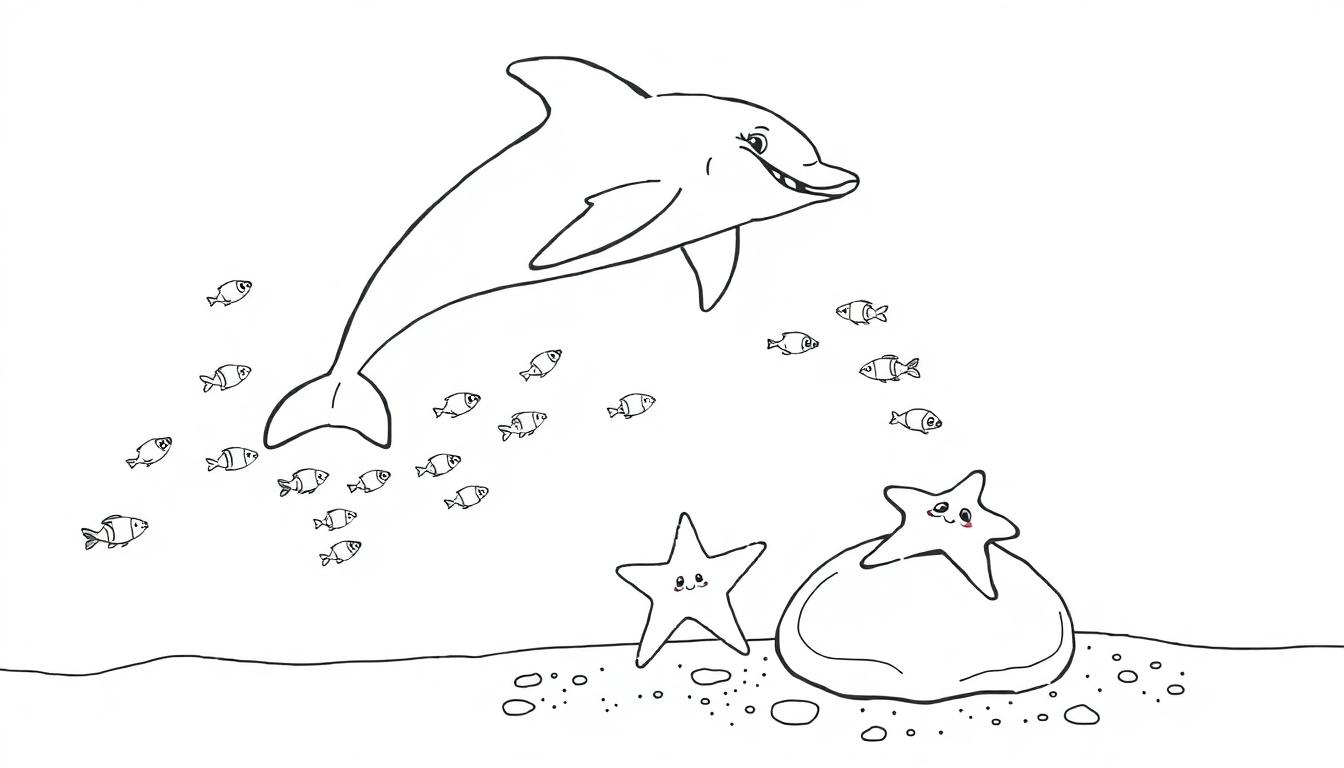 Schwarz-Weiß-Farbtafel eines Delfins, der aus dem Wasser springt, mit Fischen und Seesternen.