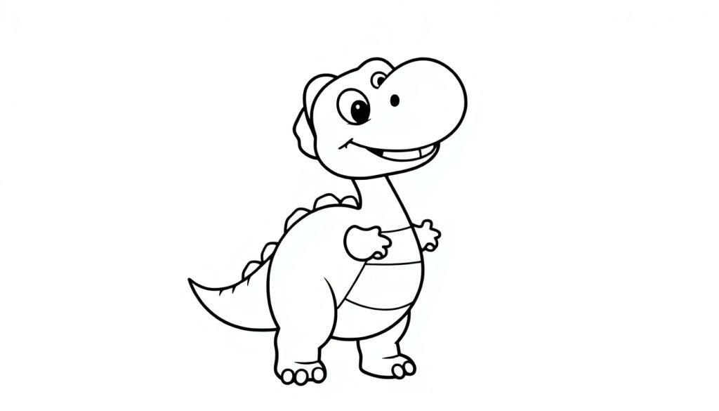 Eine fröhliche Farbtafel eines freundlichen Cartoon-Dinosauriers, der einen Luftballon hält.