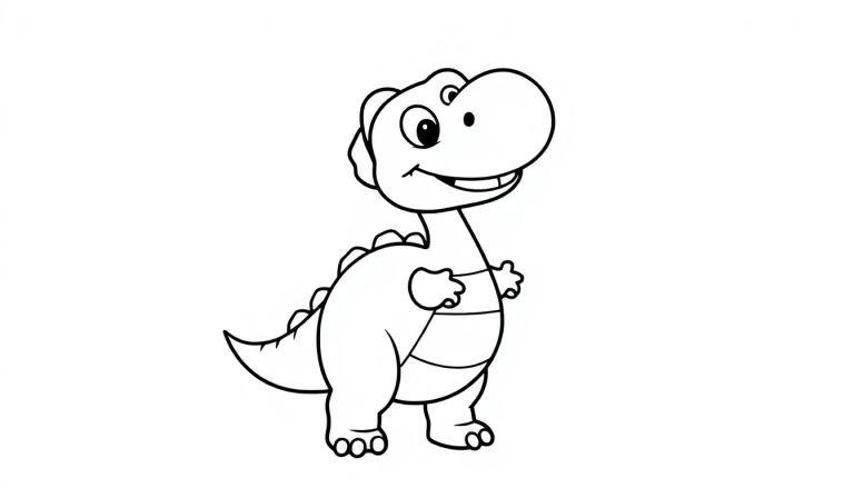 Eine fröhliche Farbtafel eines freundlichen Cartoon-Dinosauriers, der einen Luftballon hält.