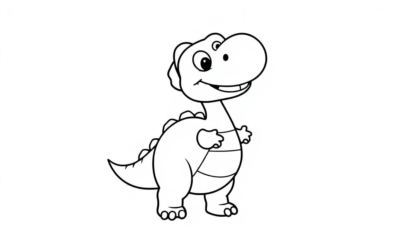 Eine fröhliche Farbtafel eines freundlichen Cartoon-Dinosauriers, der einen Luftballon hält.