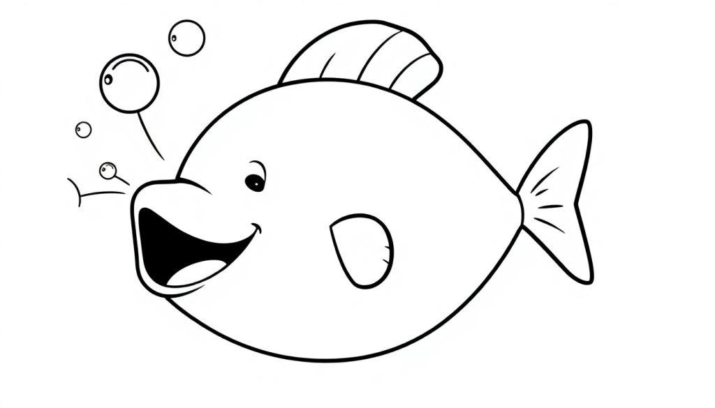 Schwarz-Weiß-Farbtafel-Zeichnung eines niedlichen Cartoon-Fisches mit Blasen.