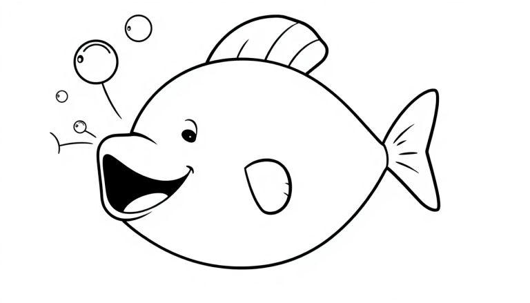 Schwarz-Weiß-Farbtafel-Zeichnung eines niedlichen Cartoon-Fisches mit Blasen.