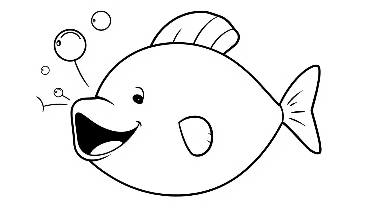 Schwarz-Weiß-Farbtafel-Zeichnung eines niedlichen Cartoon-Fisches mit Blasen.