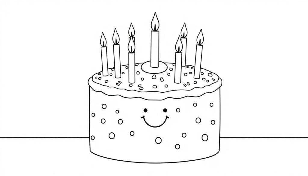 Eine Schwarz-Weiß-Farbtafel eines Geburtstagskuchens mit acht Kerzen und einem Smiley-Gesicht.