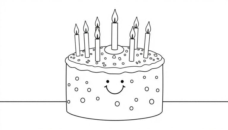 Eine Schwarz-Weiß-Farbtafel eines Geburtstagskuchens mit acht Kerzen und einem Smiley-Gesicht.