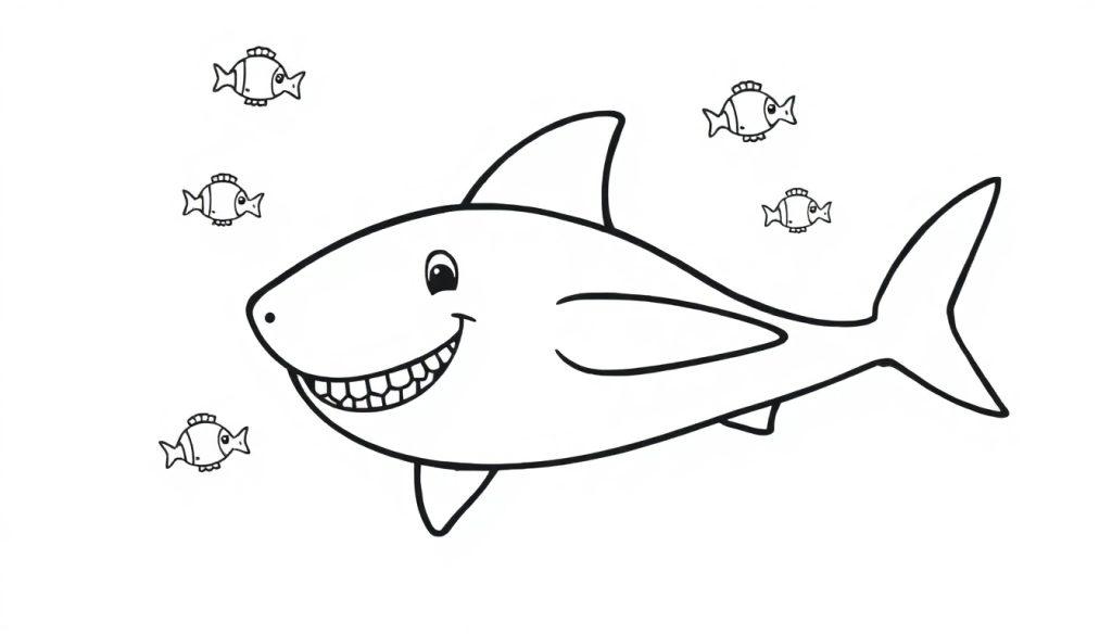 Eine Schwarzweiß-Farbtafel-Illustration eines freundlichen Cartoon-Hais, der von vier kleinen Fischen umgeben ist.