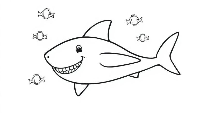 Eine Schwarzweiß-Farbtafel-Illustration eines freundlichen Cartoon-Hais, der von vier kleinen Fischen umgeben ist.