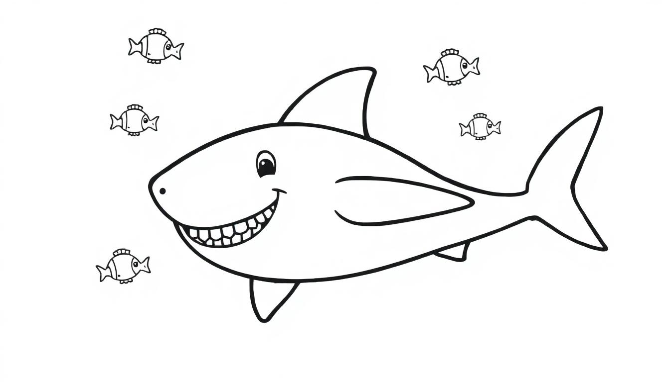Eine Schwarzweiß-Farbtafel-Illustration eines freundlichen Cartoon-Hais, der von vier kleinen Fischen umgeben ist.