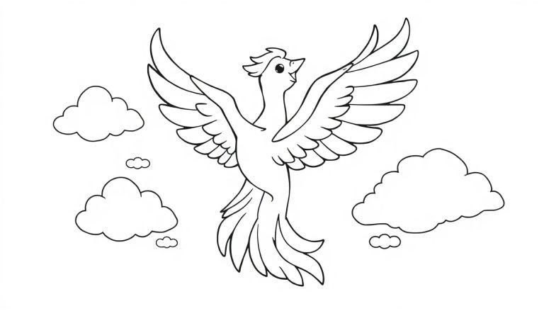 Eine Schwarz-Weiß-Farbtafel-Umrisszeichnung eines lachenden, fliegenden Phönix mit ausgebreiteten Flügeln und langem Schwanz, der durch einfache Wolken fliegt.