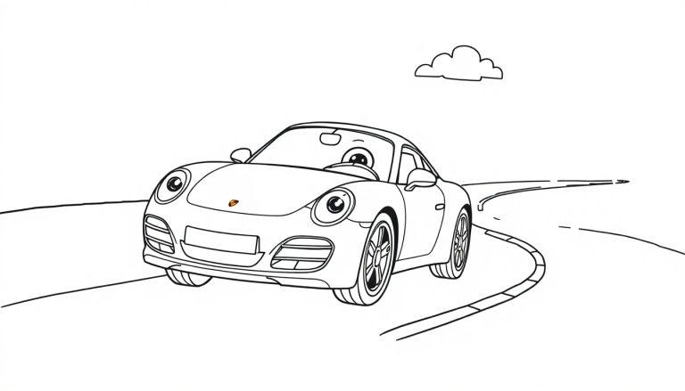 Eine schwarz-weiße Farbtafel eines lächelnden Cartoon-Porsche 911 auf einer Straße, mit einer kleinen Wolke darüber.