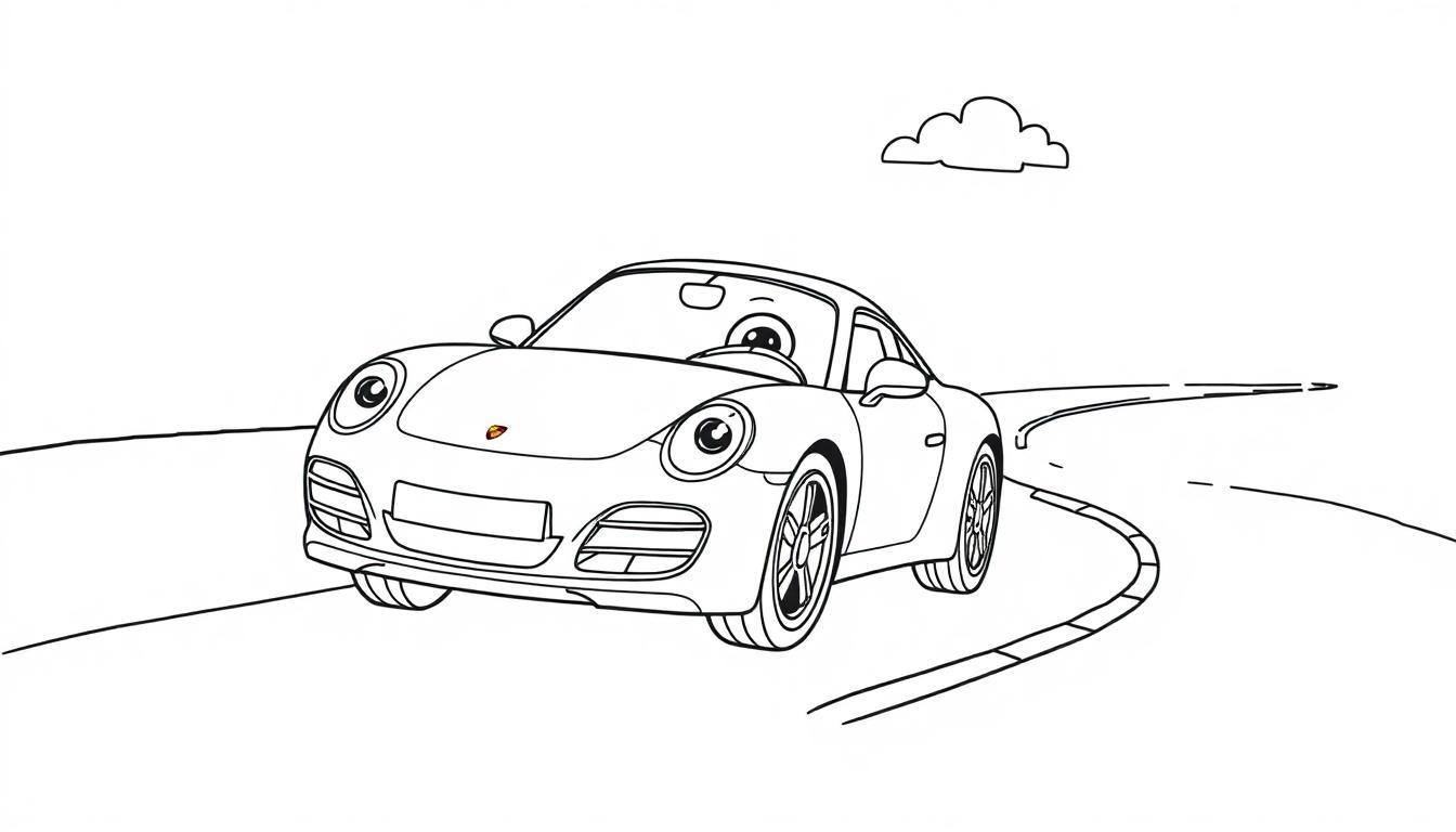 Eine schwarz-weiße Farbtafel eines lächelnden Cartoon-Porsche 911 auf einer Straße, mit einer kleinen Wolke darüber.