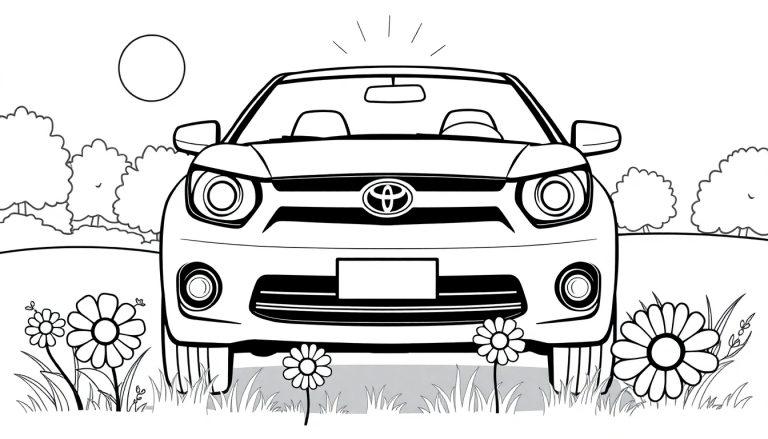 Schwarz-weiße Farbtafel eines Toyotas im Park mit Sonne und Blumen.
