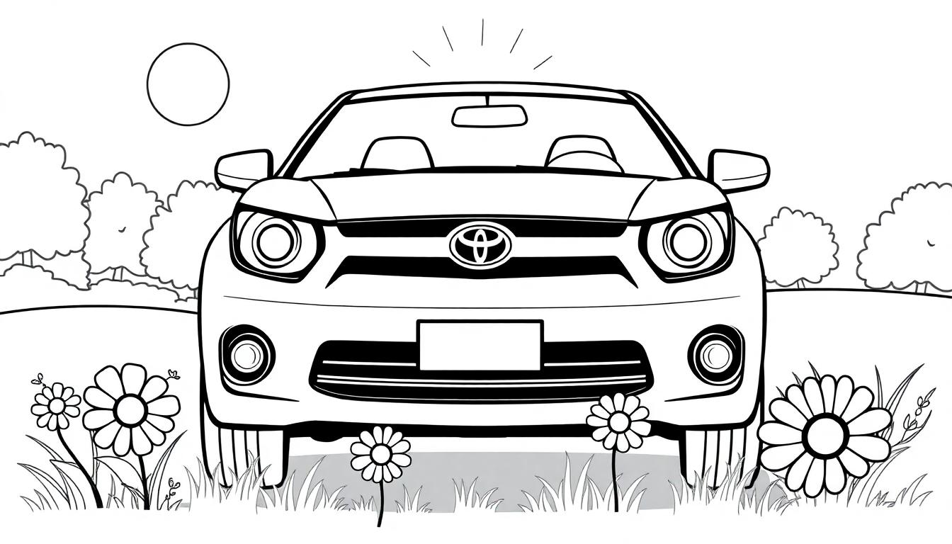 Schwarz-weiße Farbtafel eines Toyotas im Park mit Sonne und Blumen.