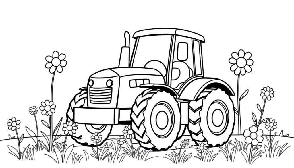 Schwarz-Weiß-Farbtafel eines niedlichen Cartoon-Traktors auf einer Blumenwiese.