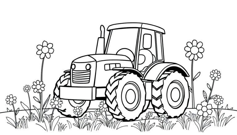 Schwarz-Weiß-Farbtafel eines niedlichen Cartoon-Traktors auf einer Blumenwiese.