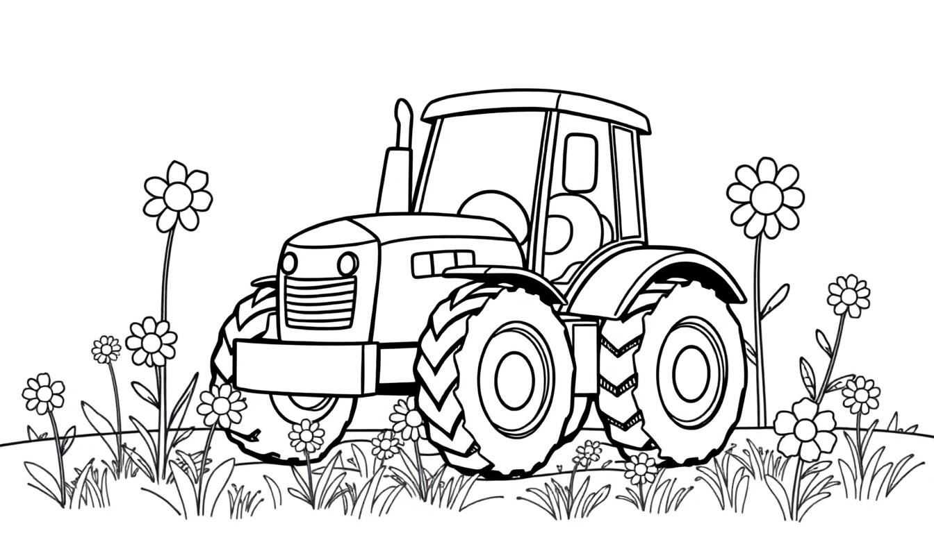 Schwarz-Weiß-Farbtafel eines niedlichen Cartoon-Traktors auf einer Blumenwiese.