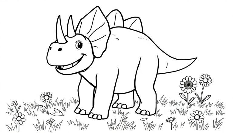Eine Schwarz-Weiß-Farbtafel eines freundlichen Cartoon-Triceratops auf einer Blumenwiese.