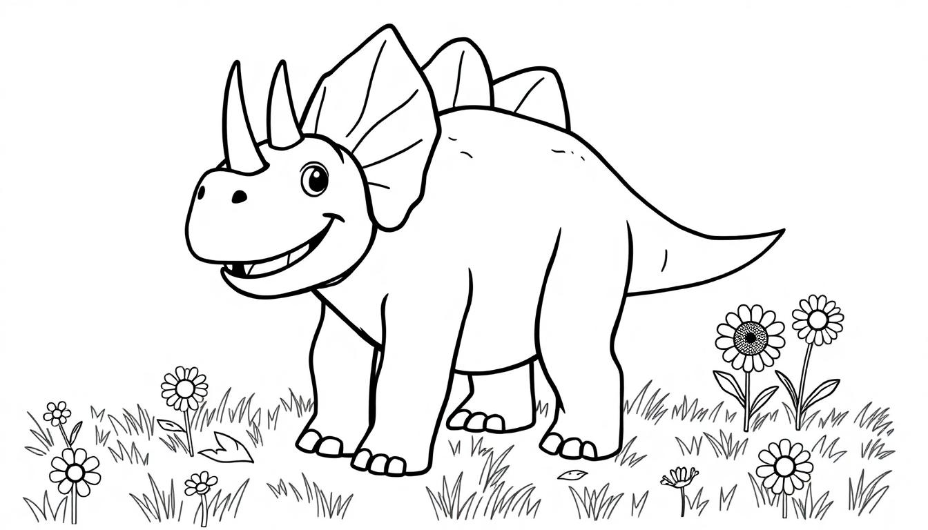 Eine Schwarz-Weiß-Farbtafel eines freundlichen Cartoon-Triceratops auf einer Blumenwiese.
