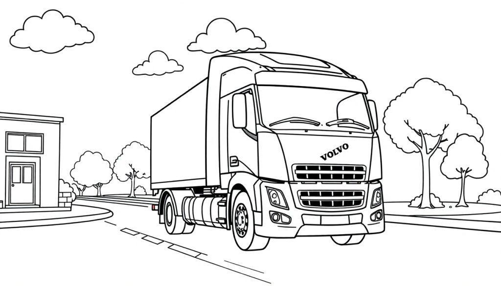 Schwarz-weiße Farbtafel eines fröhlichen Volvo LKW mit kastenförmiger Ladefläche fährt auf einer Straße mit Zebrastreifen.