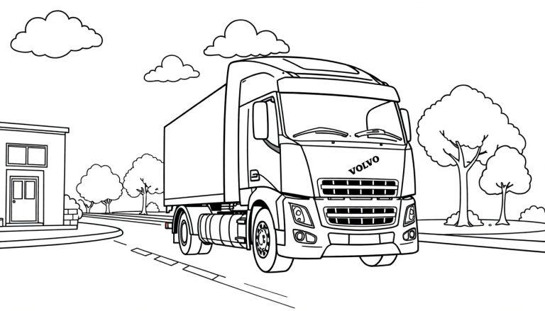 Schwarz-weiße Farbtafel eines fröhlichen Volvo LKW mit kastenförmiger Ladefläche fährt auf einer Straße mit Zebrastreifen.