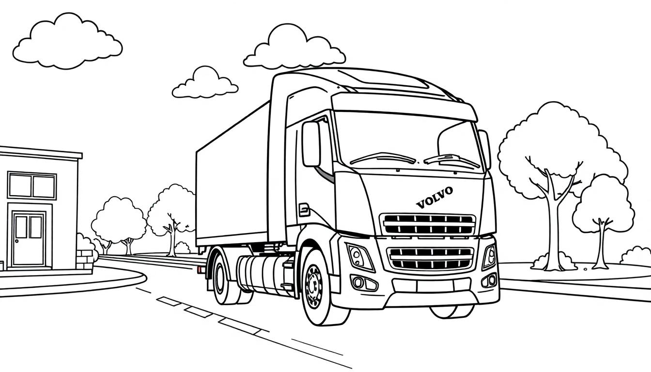 Schwarz-weiße Farbtafel eines fröhlichen Volvo LKW mit kastenförmiger Ladefläche fährt auf einer Straße mit Zebrastreifen.