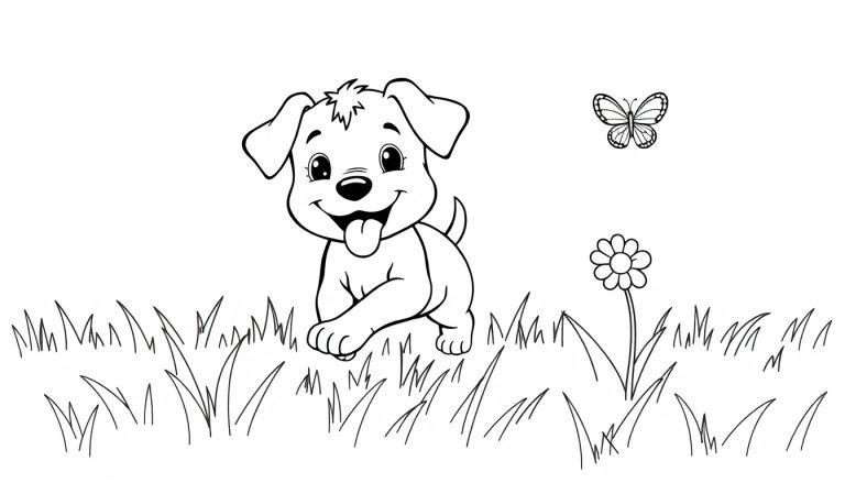 Schwarz-weiß Farbtafel eines verspielten Welpen, der auf einer Wiese mit einer Blume und einem Schmetterling spielt.
