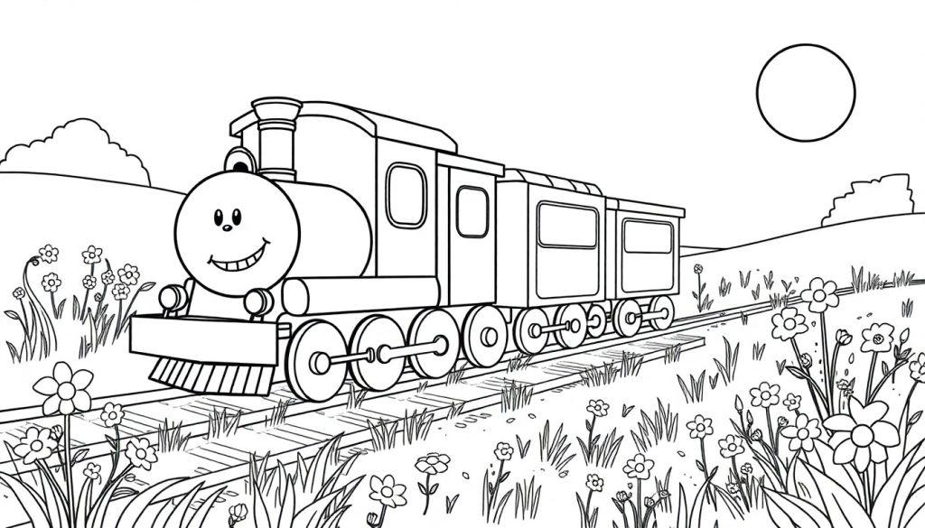 Eine Schwarz-Weiß-Farbtafel eines Cartoon-Zuges, der durch eine ländliche Landschaft fährt, mit einer stilisierten Sonne am Himmel.