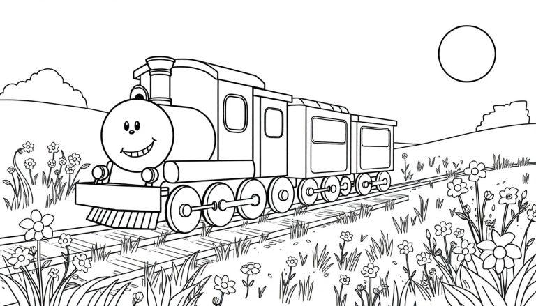 Eine Schwarz-Weiß-Farbtafel eines Cartoon-Zuges, der durch eine ländliche Landschaft fährt, mit einer stilisierten Sonne am Himmel.