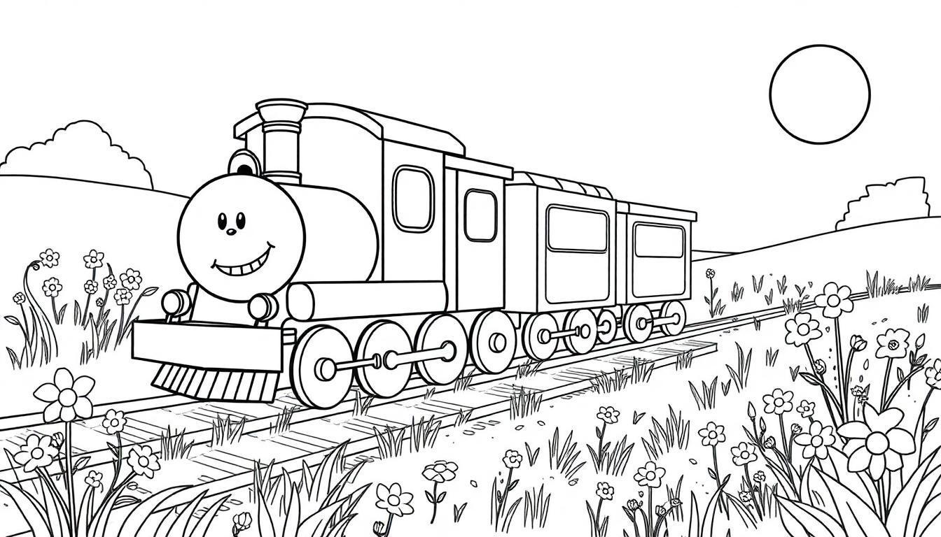 Eine Schwarz-Weiß-Farbtafel eines Cartoon-Zuges, der durch eine ländliche Landschaft fährt, mit einer stilisierten Sonne am Himmel.