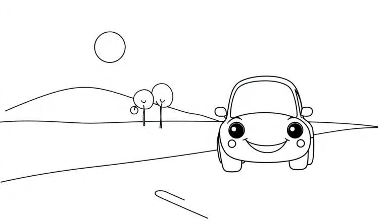 Eine freundliche Cartoon-Autofarbtafel auf einer Straße mit Bäumen und einer Sonne.