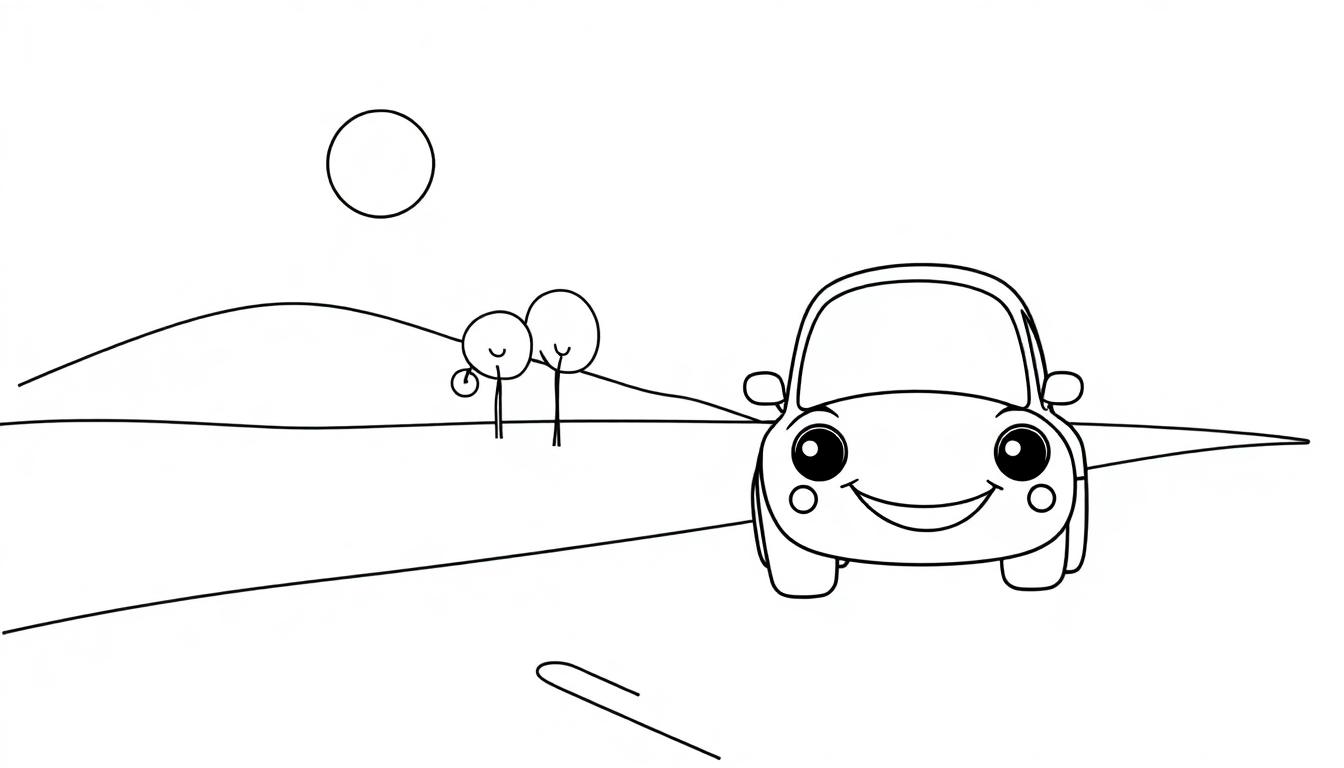 Eine freundliche Cartoon-Autofarbtafel auf einer Straße mit Bäumen und einer Sonne.