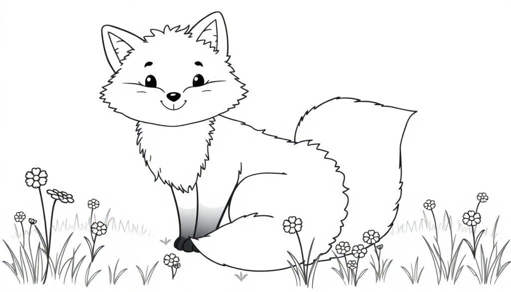 Schwarz-Weiß-Farbtafel eines Cartoon-Fuchses, der im Gras und zwischen Blumen sitzt.
